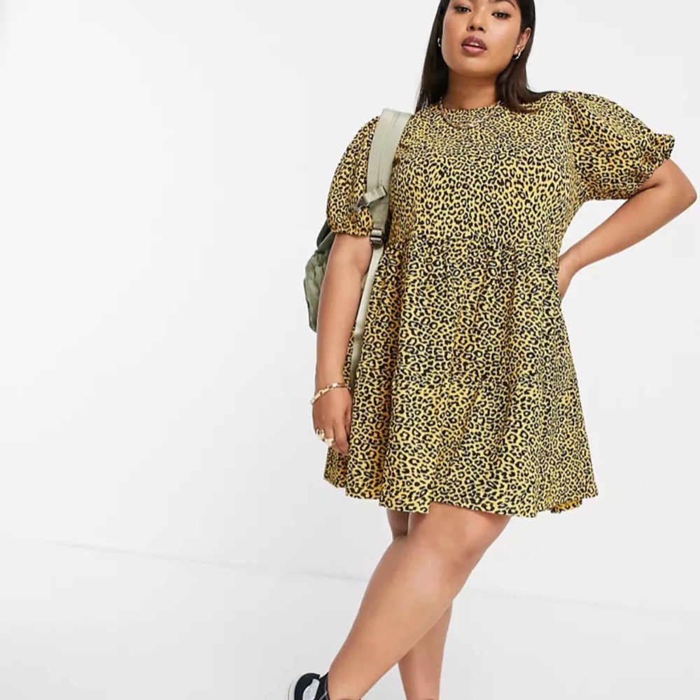 ASOS design curve mini tiered smock dress in black yellow leopard print